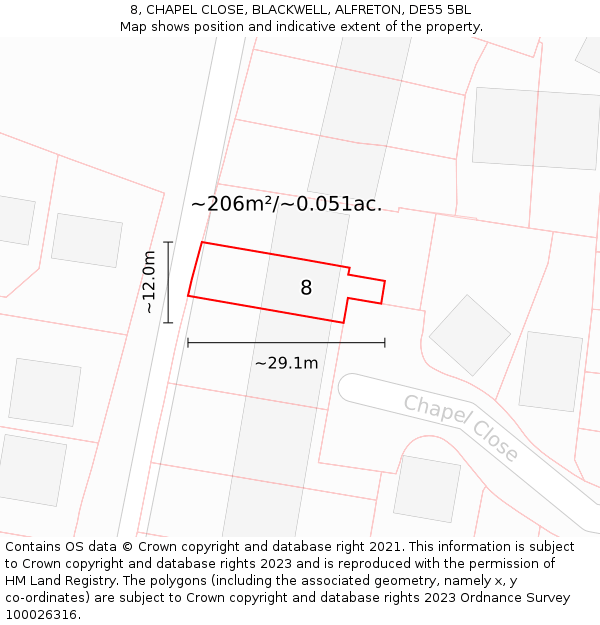 8, CHAPEL CLOSE, BLACKWELL, ALFRETON, DE55 5BL: Plot and title map
