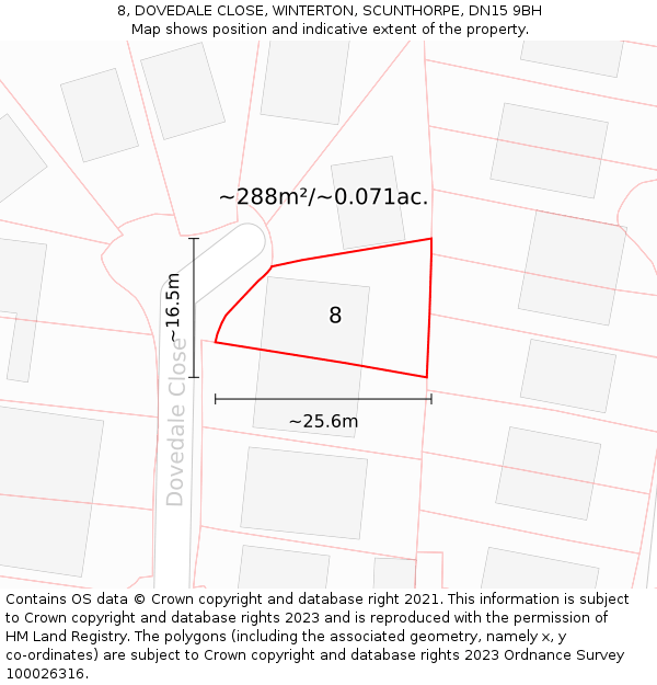8, DOVEDALE CLOSE, WINTERTON, SCUNTHORPE, DN15 9BH: Plot and title map