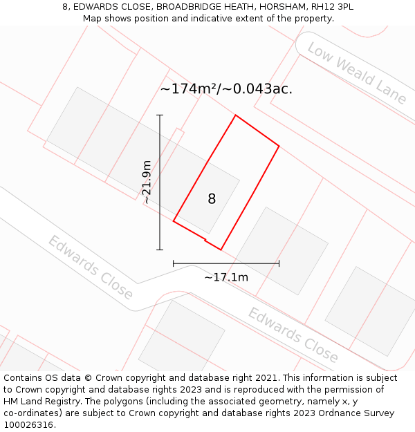 8, EDWARDS CLOSE, BROADBRIDGE HEATH, HORSHAM, RH12 3PL: Plot and title map