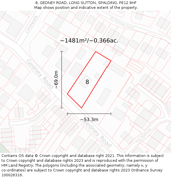 8, GEDNEY ROAD, LONG SUTTON, SPALDING, PE12 9HF: Plot and title map