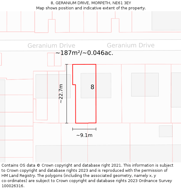 8, GERANIUM DRIVE, MORPETH, NE61 3EY: Plot and title map
