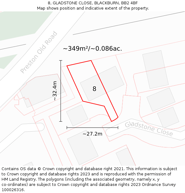 8, GLADSTONE CLOSE, BLACKBURN, BB2 4BF: Plot and title map