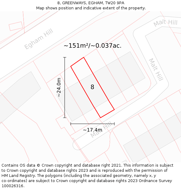 8, GREENWAYS, EGHAM, TW20 9PA: Plot and title map