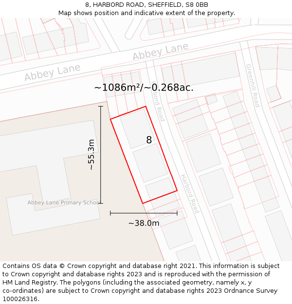 8, HARBORD ROAD, SHEFFIELD, S8 0BB: Plot and title map