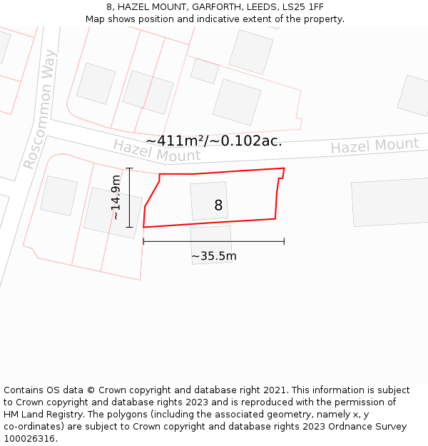 8, HAZEL MOUNT, GARFORTH, LEEDS, LS25 1FF: Plot and title map