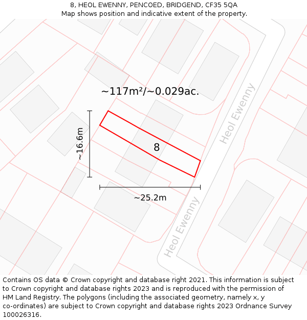 8, HEOL EWENNY, PENCOED, BRIDGEND, CF35 5QA: Plot and title map