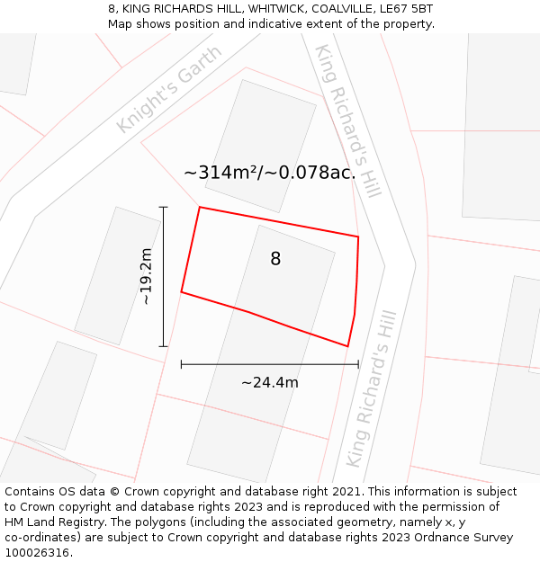 8, KING RICHARDS HILL, WHITWICK, COALVILLE, LE67 5BT: Plot and title map