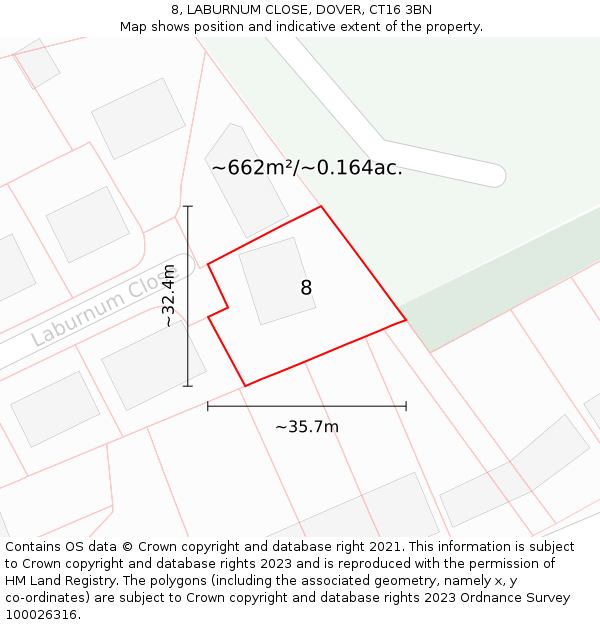 8, LABURNUM CLOSE, DOVER, CT16 3BN: Plot and title map