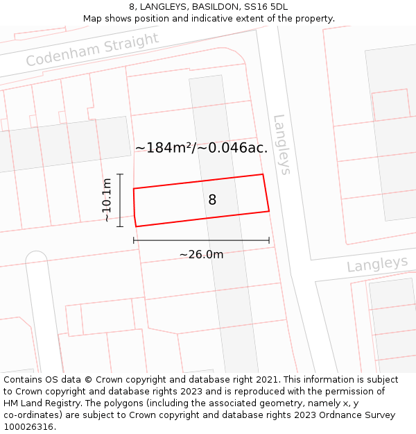 8, LANGLEYS, BASILDON, SS16 5DL: Plot and title map