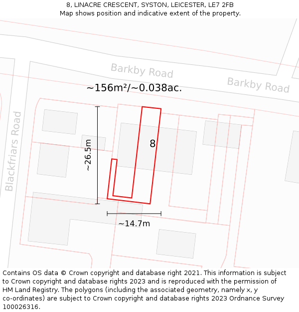 8, LINACRE CRESCENT, SYSTON, LEICESTER, LE7 2FB: Plot and title map