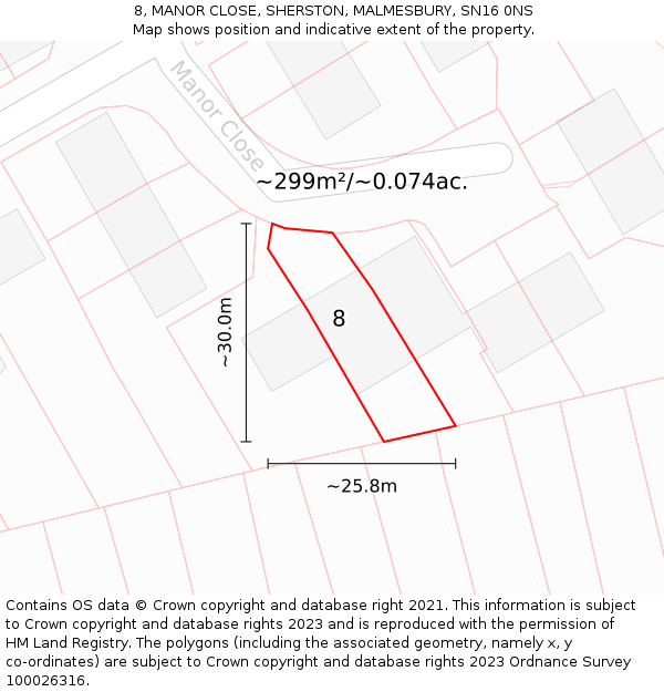 8, MANOR CLOSE, SHERSTON, MALMESBURY, SN16 0NS: Plot and title map