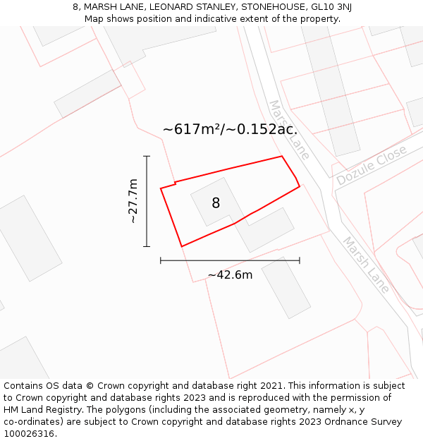 8, MARSH LANE, LEONARD STANLEY, STONEHOUSE, GL10 3NJ: Plot and title map