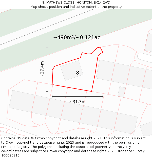 8, MATHEWS CLOSE, HONITON, EX14 2WD: Plot and title map