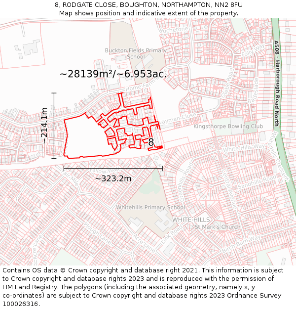 8, RODGATE CLOSE, BOUGHTON, NORTHAMPTON, NN2 8FU: Plot and title map
