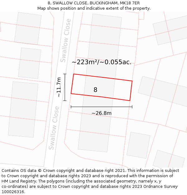 8, SWALLOW CLOSE, BUCKINGHAM, MK18 7ER: Plot and title map