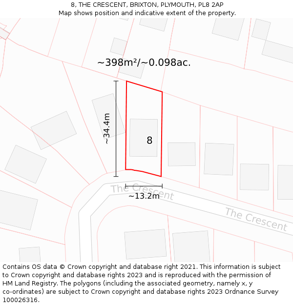 8, THE CRESCENT, BRIXTON, PLYMOUTH, PL8 2AP: Plot and title map