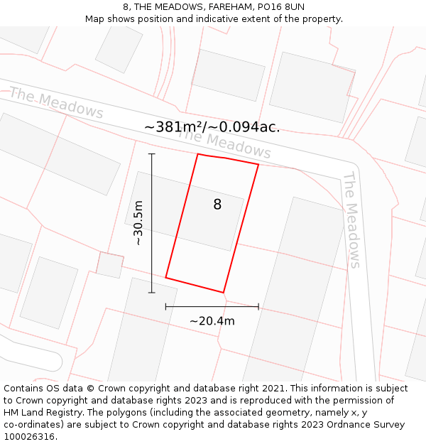 8, THE MEADOWS, FAREHAM, PO16 8UN: Plot and title map