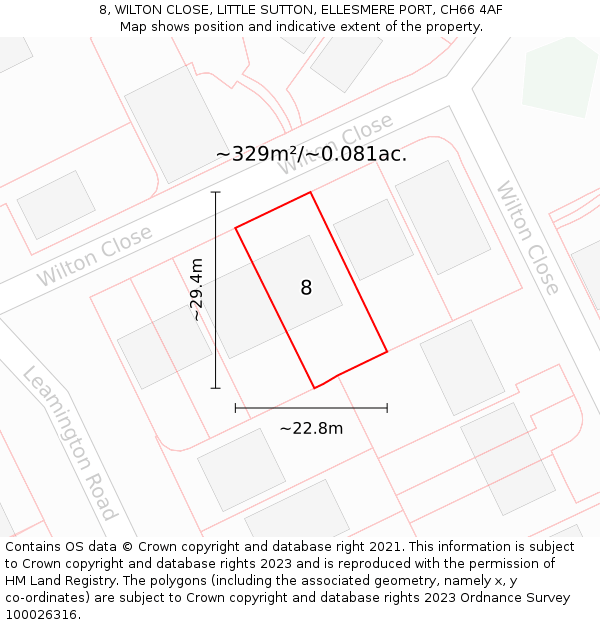 8, WILTON CLOSE, LITTLE SUTTON, ELLESMERE PORT, CH66 4AF: Plot and title map
