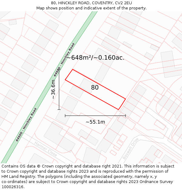 80, HINCKLEY ROAD, COVENTRY, CV2 2EU: Plot and title map