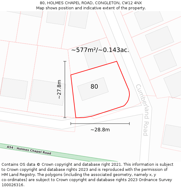 80, HOLMES CHAPEL ROAD, CONGLETON, CW12 4NX: Plot and title map