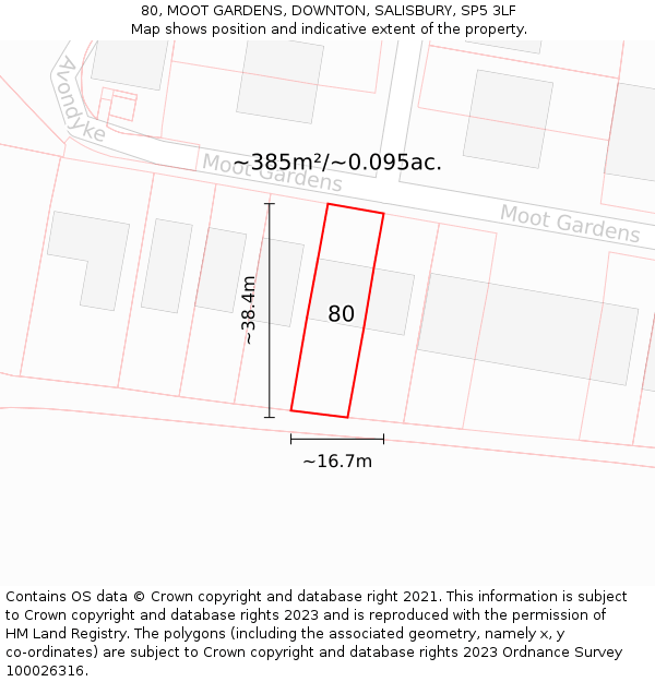 80, MOOT GARDENS, DOWNTON, SALISBURY, SP5 3LF: Plot and title map