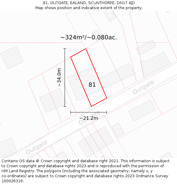 81, OUTGATE, EALAND, SCUNTHORPE, DN17 4JD: Plot and title map