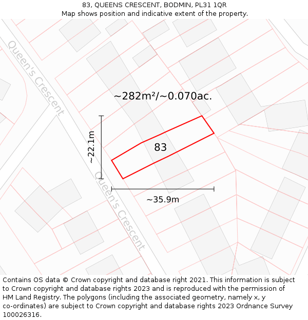 83, QUEENS CRESCENT, BODMIN, PL31 1QR: Plot and title map