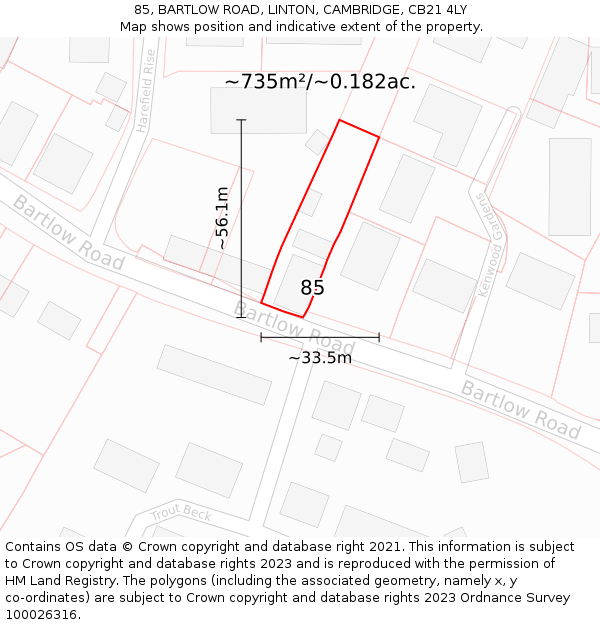85, BARTLOW ROAD, LINTON, CAMBRIDGE, CB21 4LY: Plot and title map
