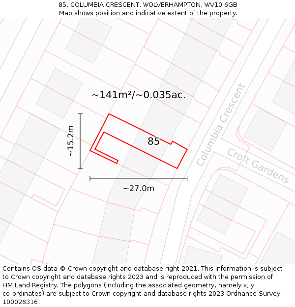 85, COLUMBIA CRESCENT, WOLVERHAMPTON, WV10 6GB: Plot and title map