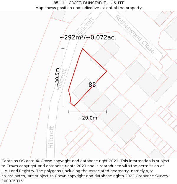 85, HILLCROFT, DUNSTABLE, LU6 1TT: Plot and title map