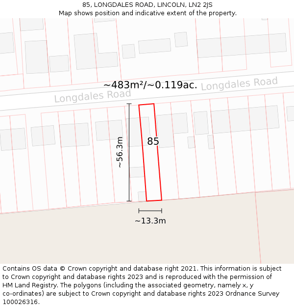 85, LONGDALES ROAD, LINCOLN, LN2 2JS: Plot and title map