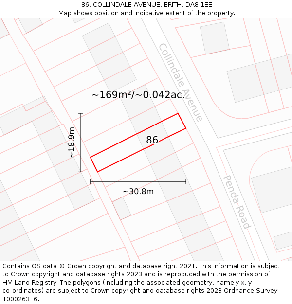 86, COLLINDALE AVENUE, ERITH, DA8 1EE: Plot and title map