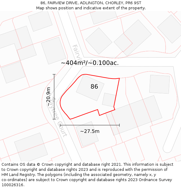 86, FAIRVIEW DRIVE, ADLINGTON, CHORLEY, PR6 9ST: Plot and title map