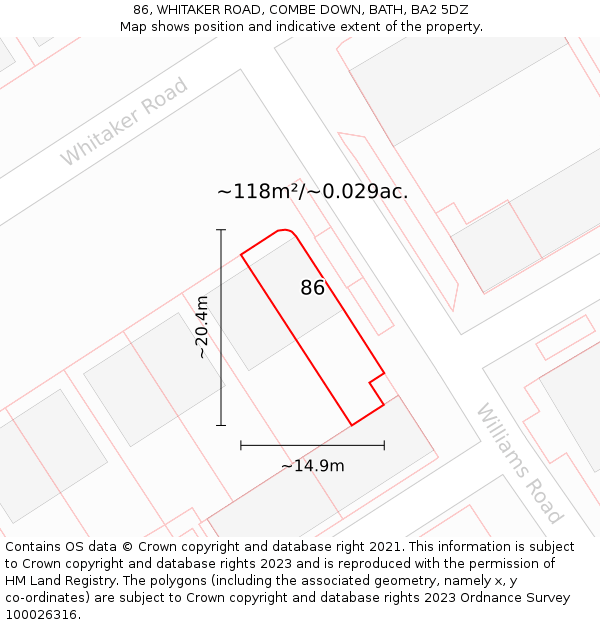 86, WHITAKER ROAD, COMBE DOWN, BATH, BA2 5DZ: Plot and title map