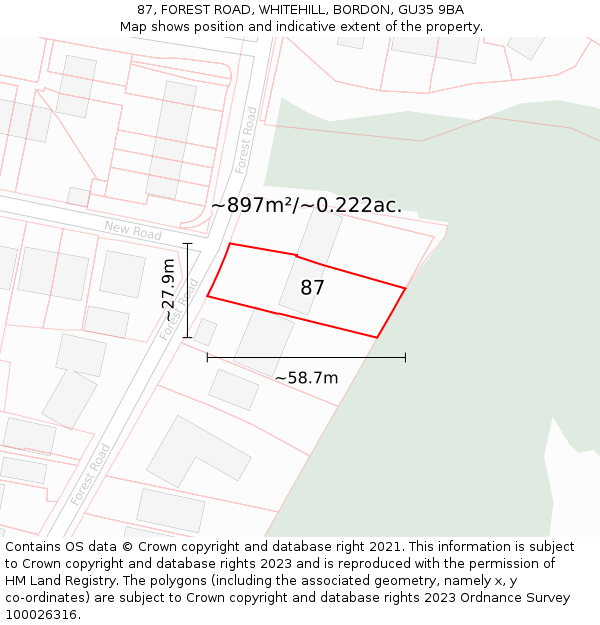 87, FOREST ROAD, WHITEHILL, BORDON, GU35 9BA: Plot and title map