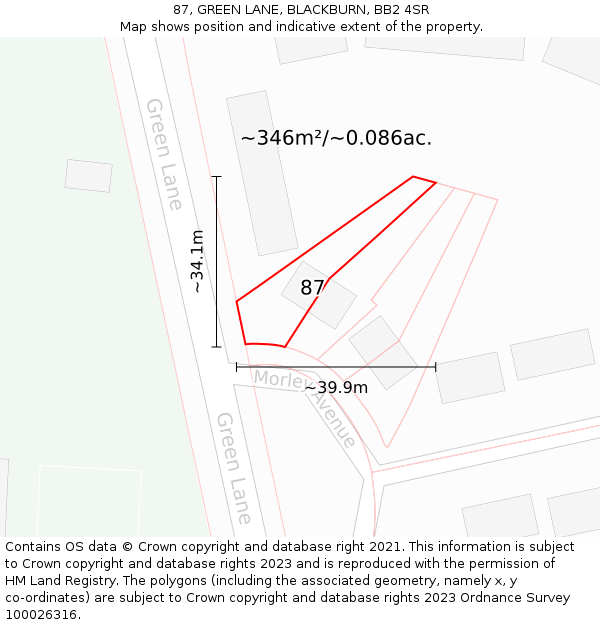 87, GREEN LANE, BLACKBURN, BB2 4SR: Plot and title map