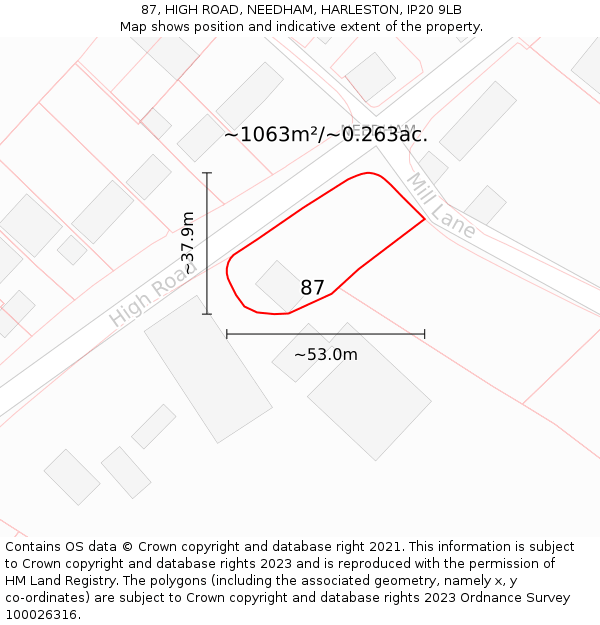 87, HIGH ROAD, NEEDHAM, HARLESTON, IP20 9LB: Plot and title map