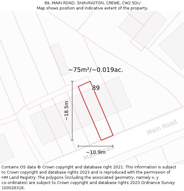 89, MAIN ROAD, SHAVINGTON, CREWE, CW2 5DU: Plot and title map