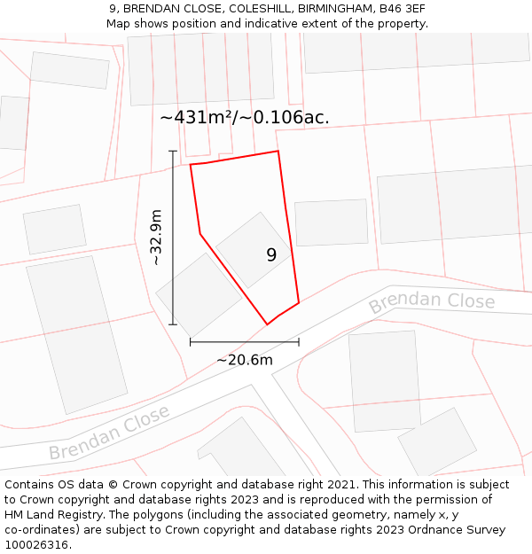 9, BRENDAN CLOSE, COLESHILL, BIRMINGHAM, B46 3EF: Plot and title map