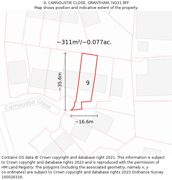 9, CARNOUSTIE CLOSE, GRANTHAM, NG31 9FF: Plot and title map