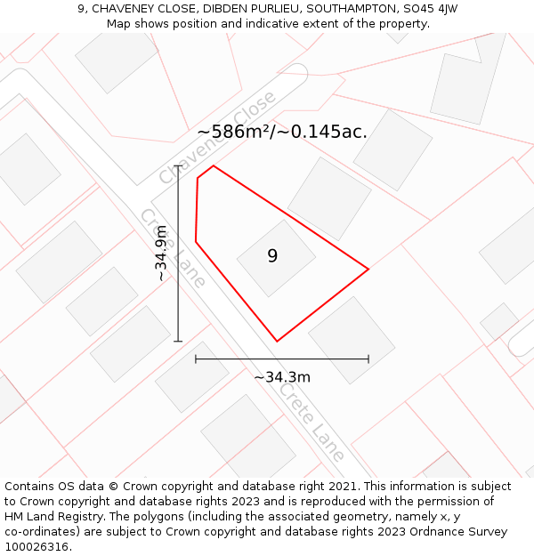 9, CHAVENEY CLOSE, DIBDEN PURLIEU, SOUTHAMPTON, SO45 4JW: Plot and title map