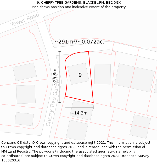 9, CHERRY TREE GARDENS, BLACKBURN, BB2 5GX: Plot and title map