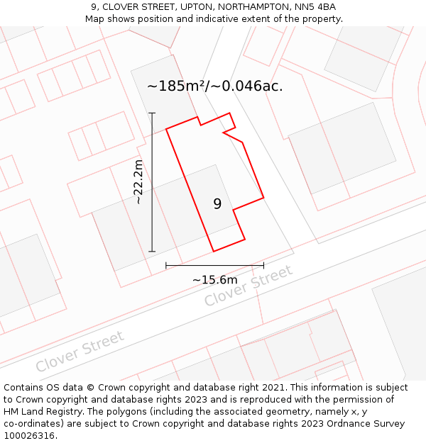 9, CLOVER STREET, UPTON, NORTHAMPTON, NN5 4BA: Plot and title map