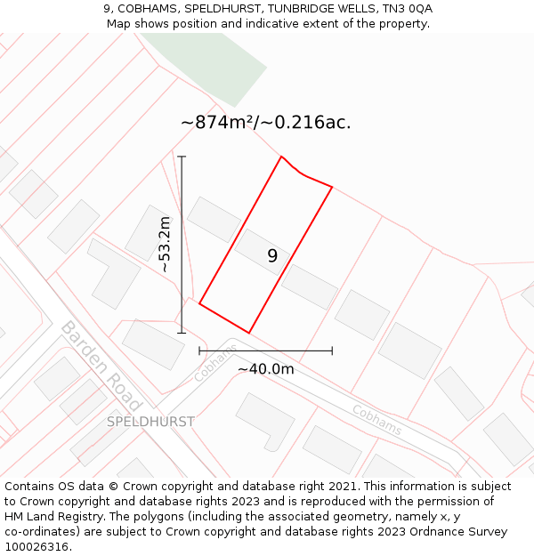 9, COBHAMS, SPELDHURST, TUNBRIDGE WELLS, TN3 0QA: Plot and title map