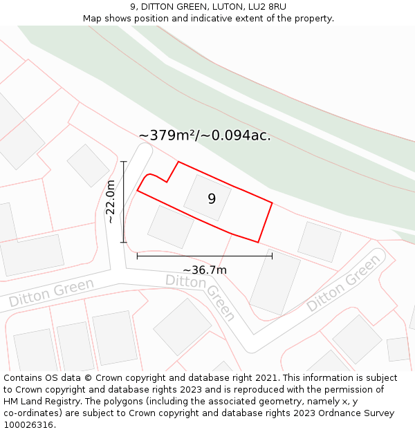 9, DITTON GREEN, LUTON, LU2 8RU: Plot and title map