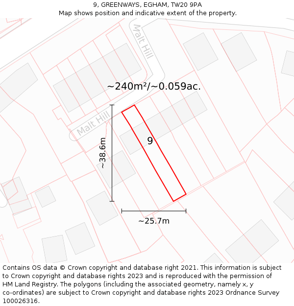 9, GREENWAYS, EGHAM, TW20 9PA: Plot and title map