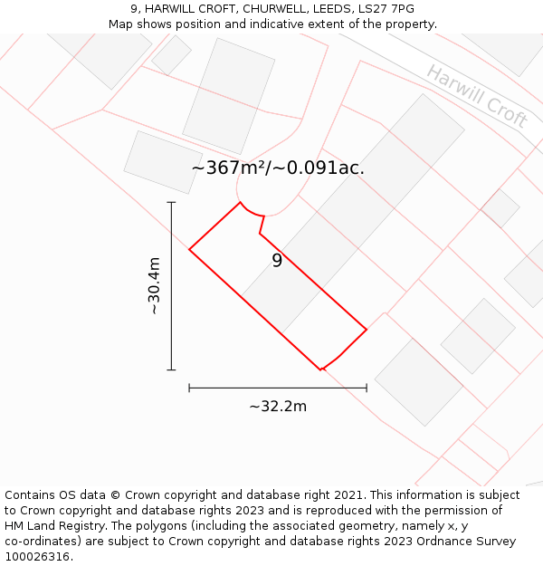 9, HARWILL CROFT, CHURWELL, LEEDS, LS27 7PG: Plot and title map