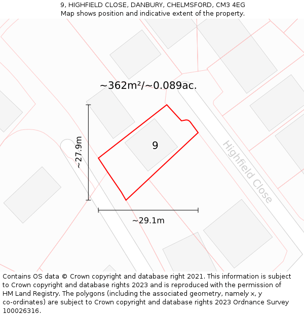9, HIGHFIELD CLOSE, DANBURY, CHELMSFORD, CM3 4EG: Plot and title map