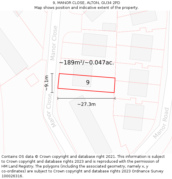 9, MANOR CLOSE, ALTON, GU34 2PD: Plot and title map