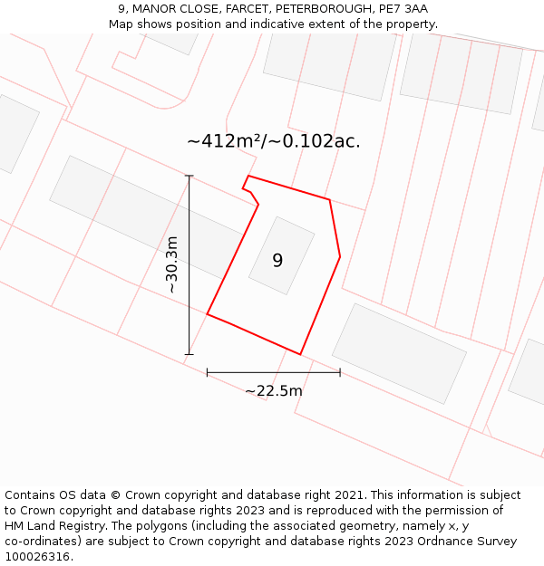 9, MANOR CLOSE, FARCET, PETERBOROUGH, PE7 3AA: Plot and title map